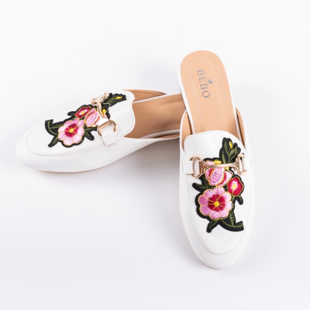 Bebo Pink Nancy Flat Mules w/Floral Design